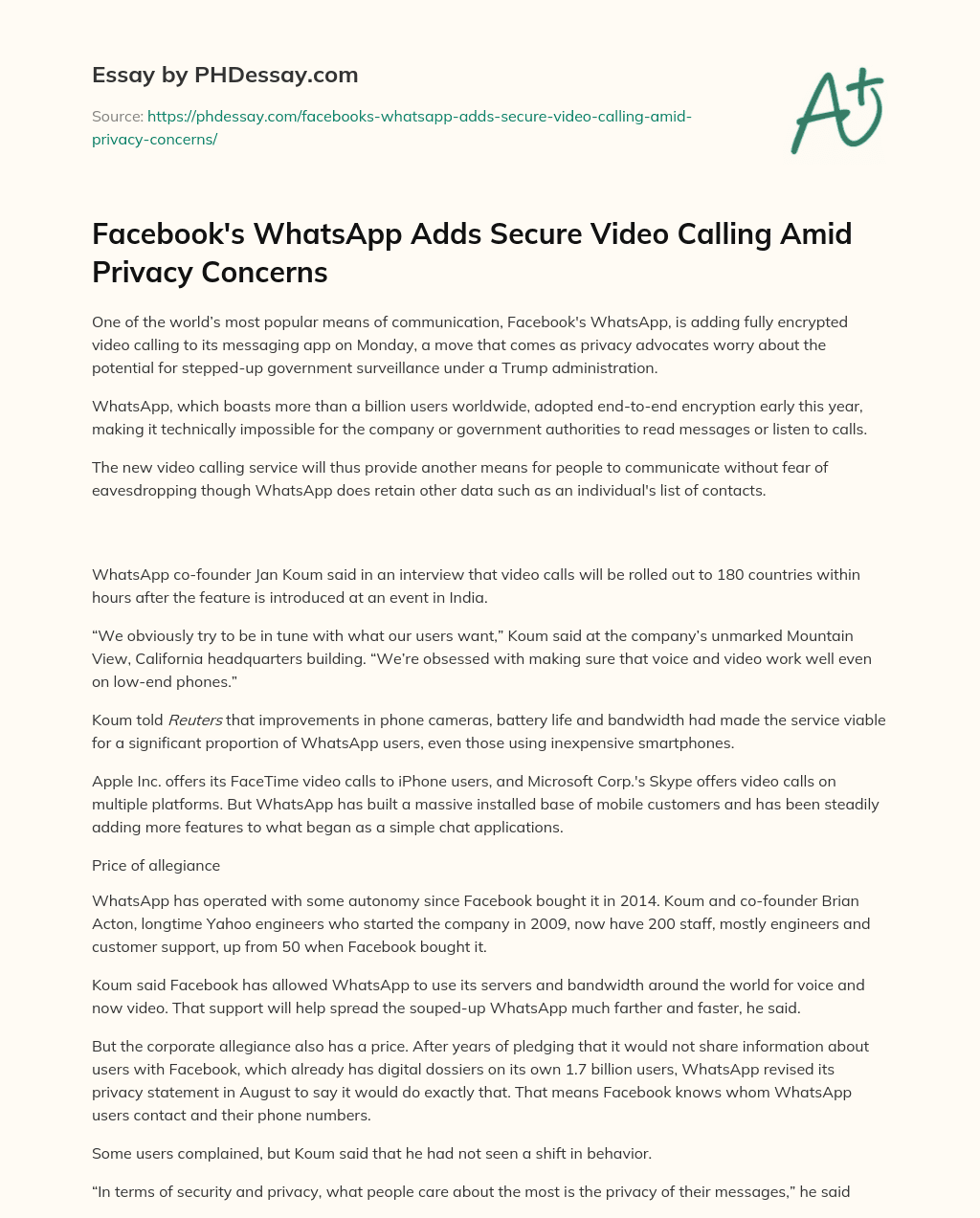 Facebook’s WhatsApp Adds Secure Video Calling Amid Privacy Concerns essay
