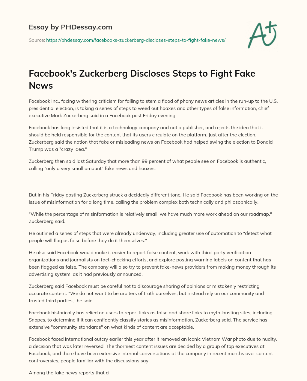 Facebook’s Zuckerberg Discloses Steps to Fight Fake News essay