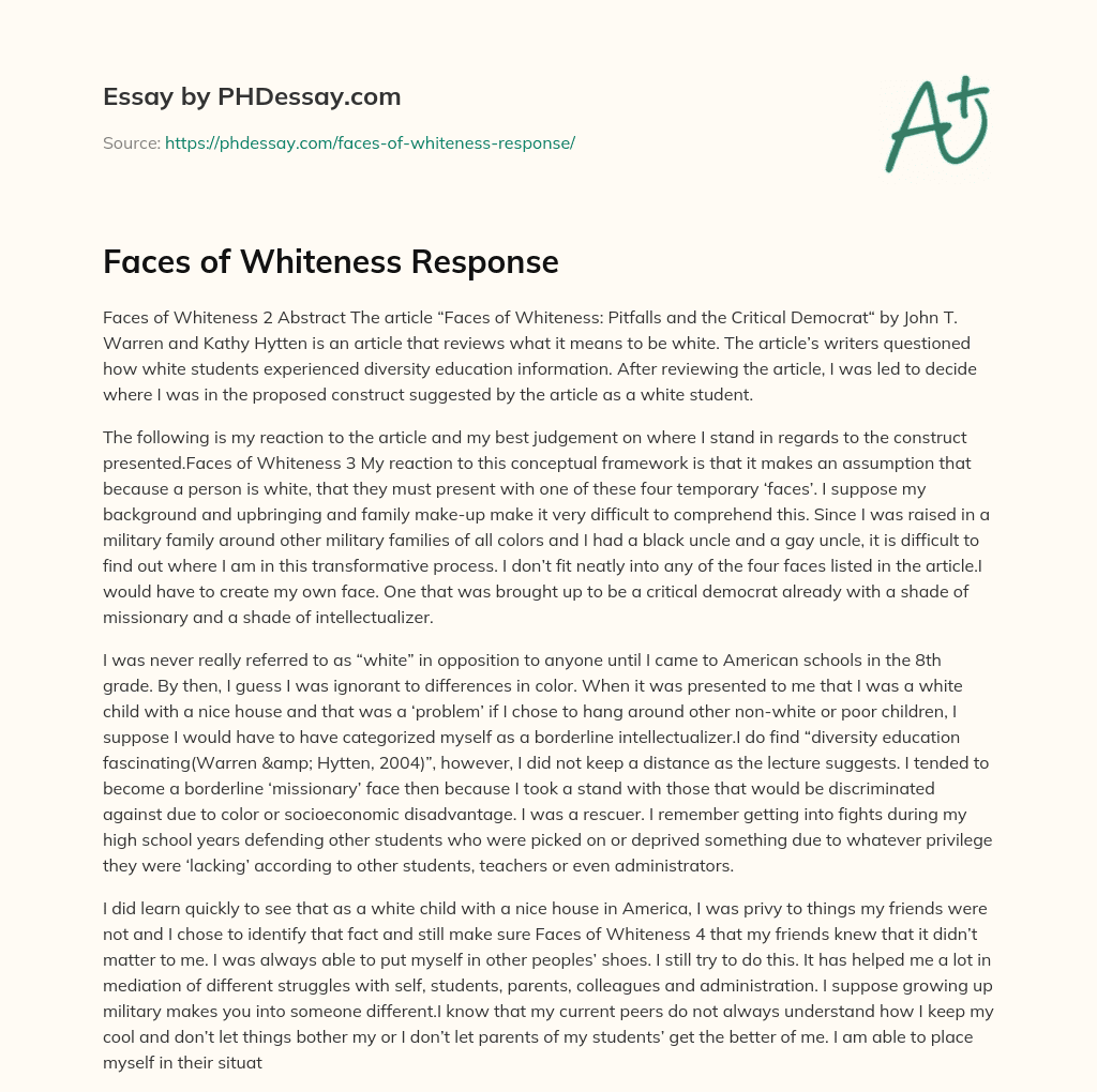 Faces of Whiteness Response essay