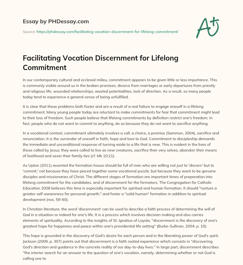 Facilitating Vocation Discernment for Lifelong Commitment essay