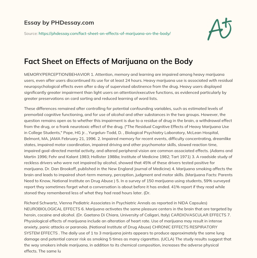 Fact Sheet on Effects of Marijuana on the Body essay