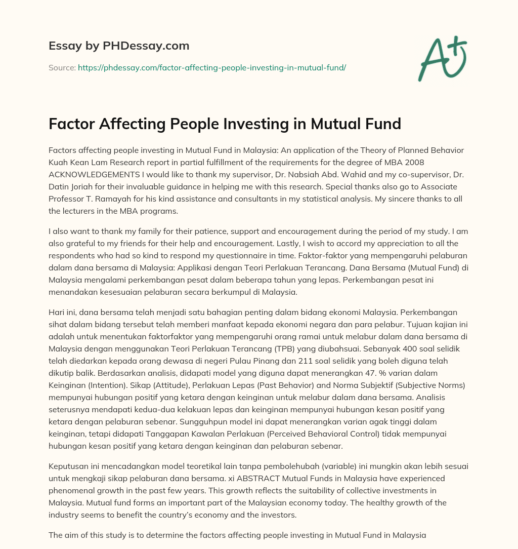 Factor Affecting People Investing in Mutual Fund essay