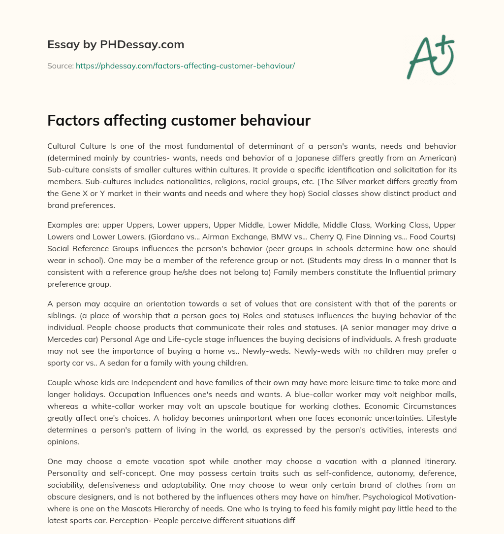 Factors affecting customer behaviour essay