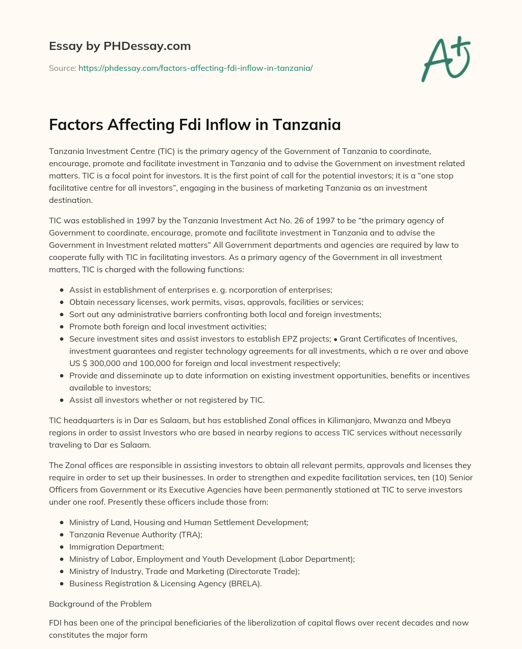 Factors Affecting Fdi Inflow in Tanzania essay