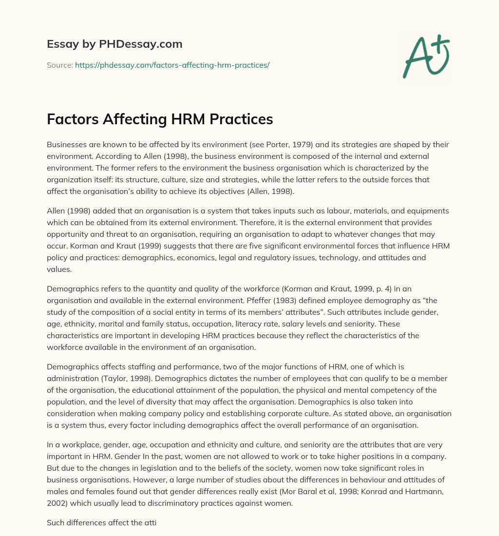 Factors Affecting HRM Practices essay