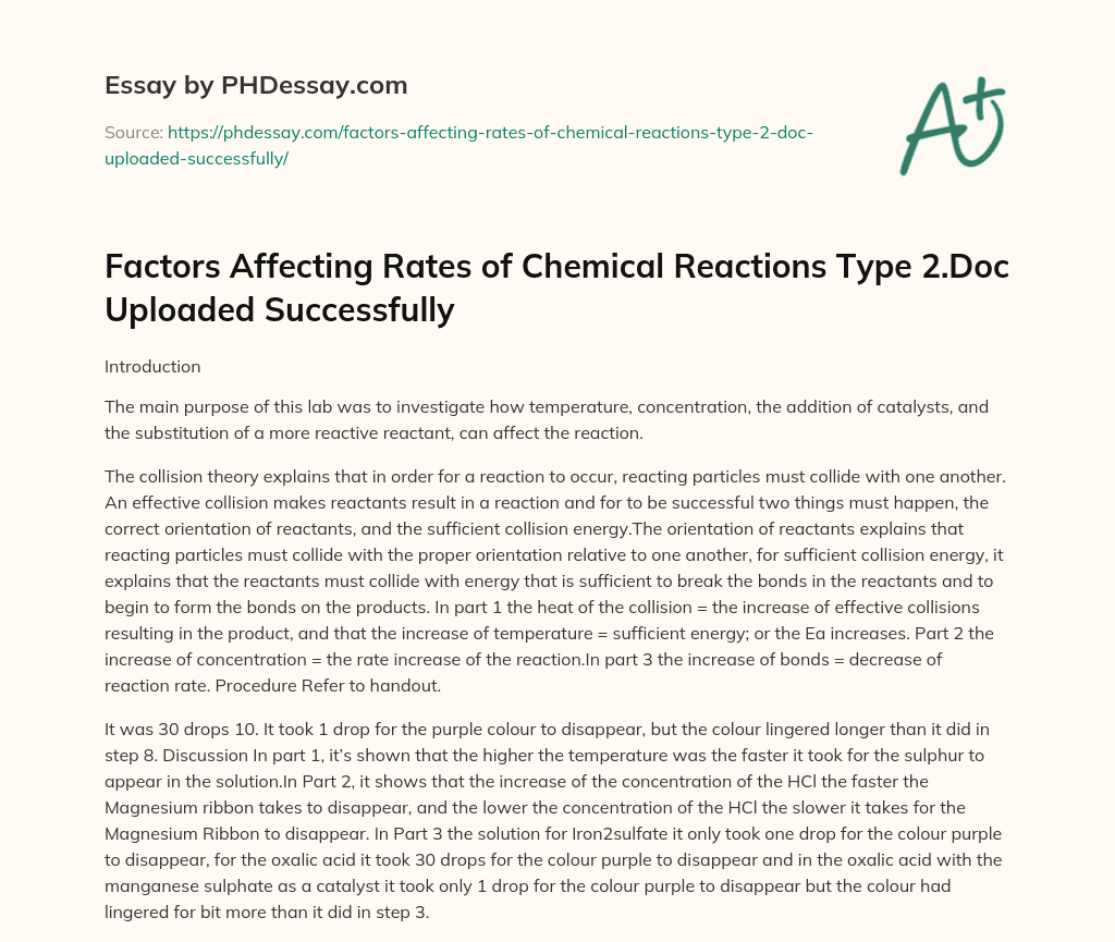 Factors Affecting Rates of Chemical Reactions Type 2.Doc Uploaded Successfully essay