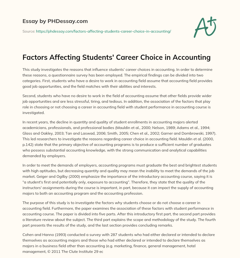 Factors Affecting Students’ Career Choice in Accounting essay