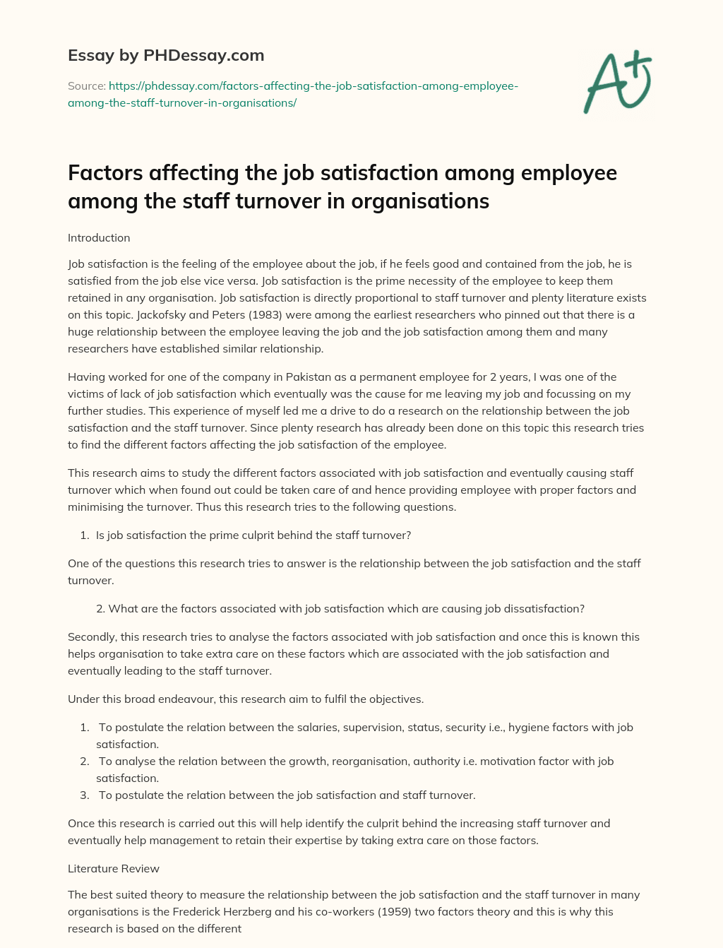 Factors affecting the job satisfaction among employee among the staff turnover in organisations essay