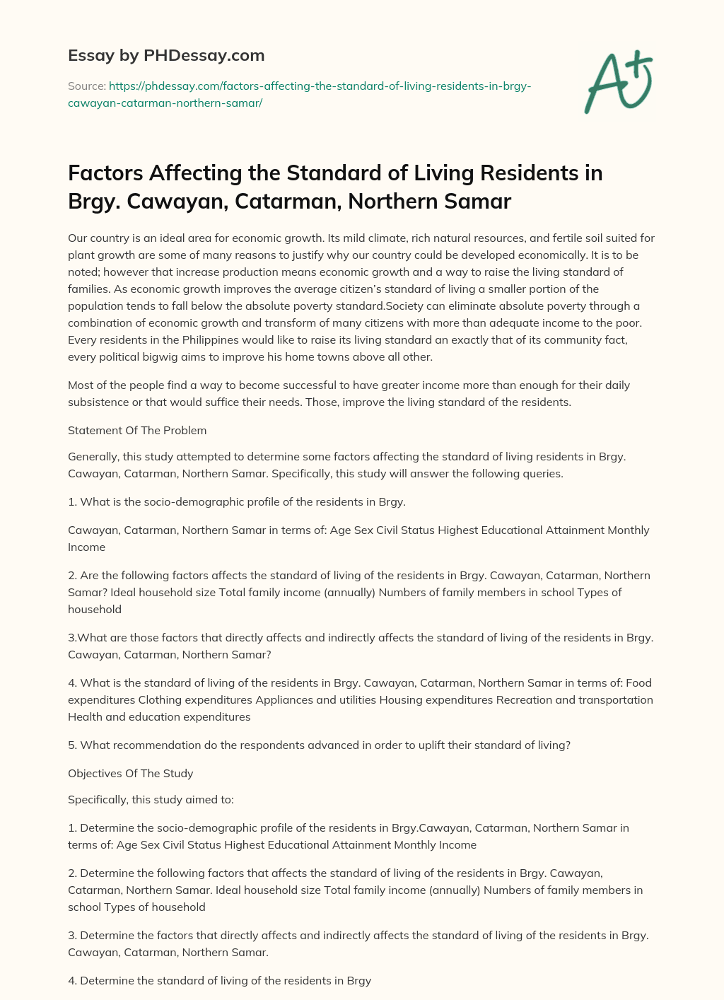 Factors Affecting the Standard of Living Residents in Brgy. Cawayan, Catarman, Northern Samar essay
