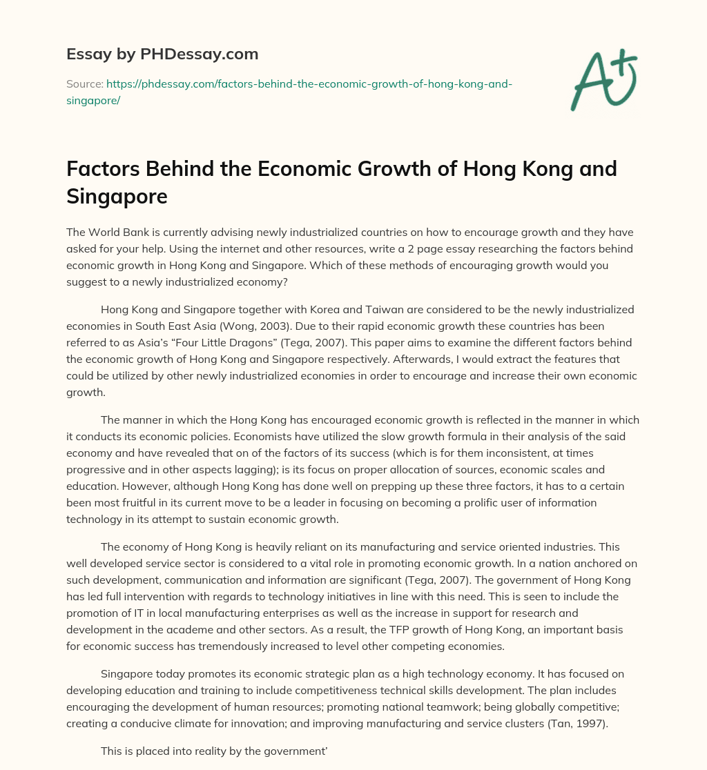 Factors Behind the Economic Growth of Hong Kong and Singapore essay