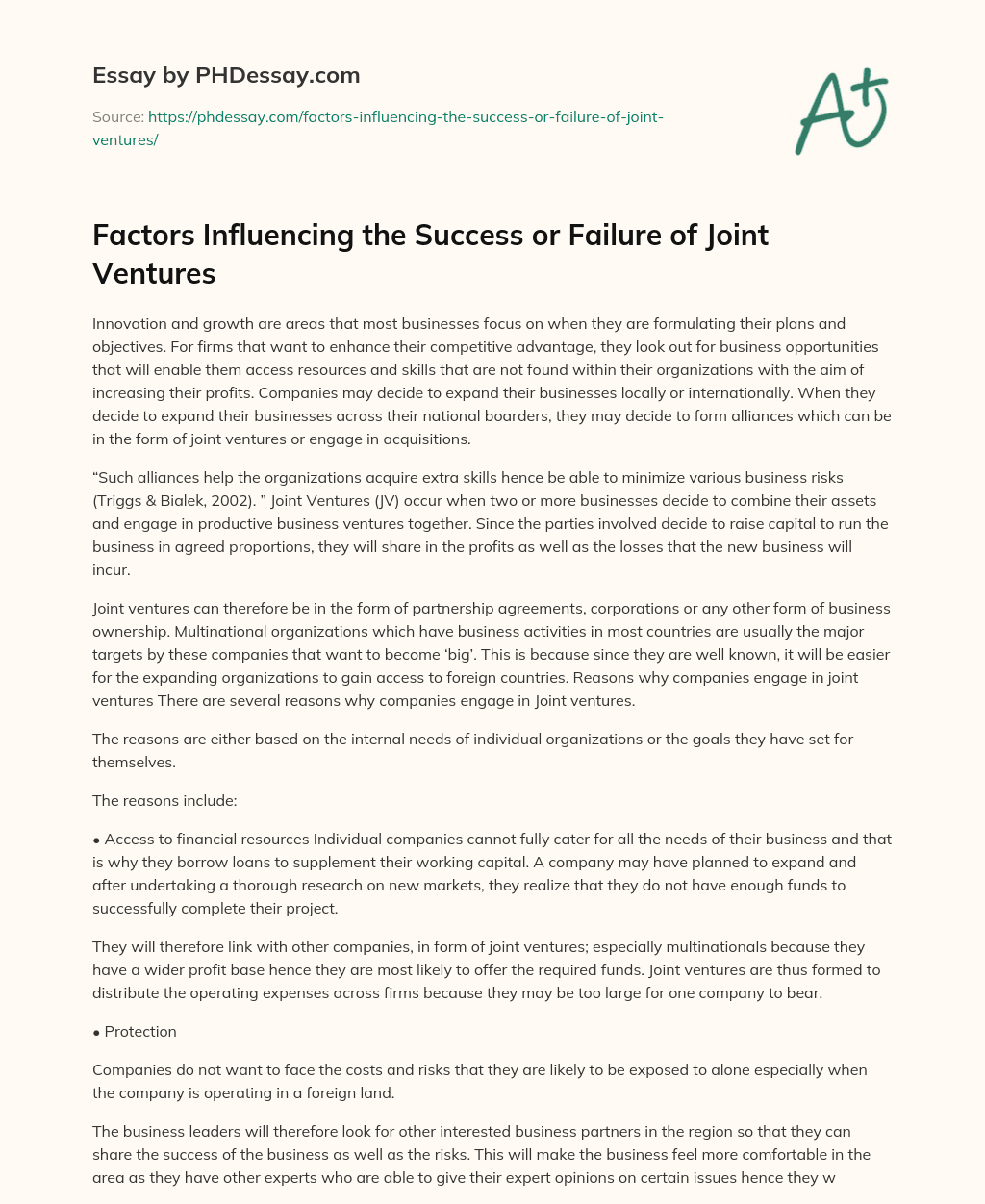 Factors Influencing the Success or Failure of Joint Ventures essay