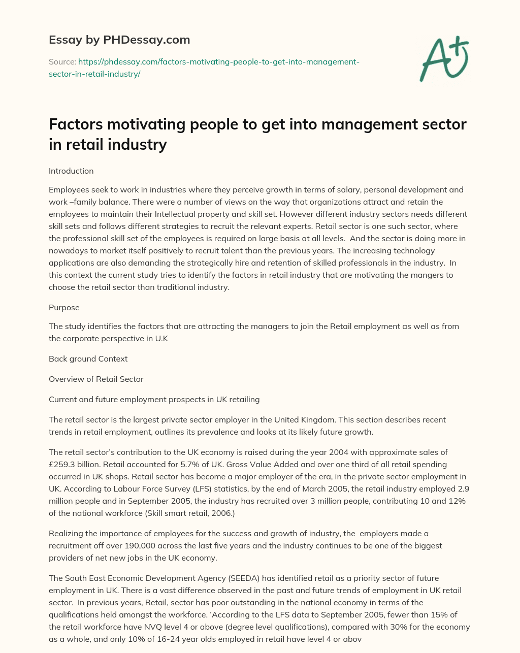 Factors motivating people to get into management sector in retail industry essay