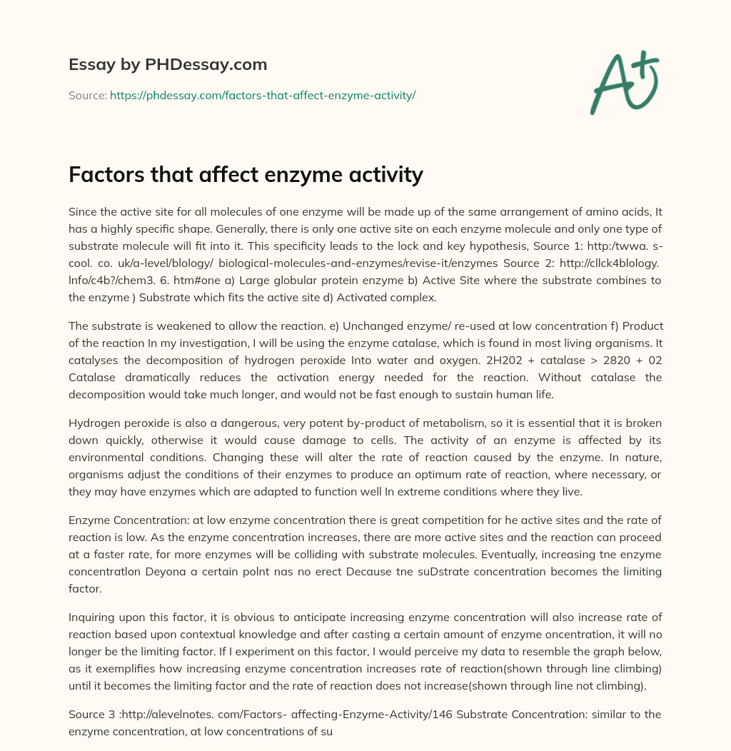 Factors That Affect Enzyme Activity PHDessay