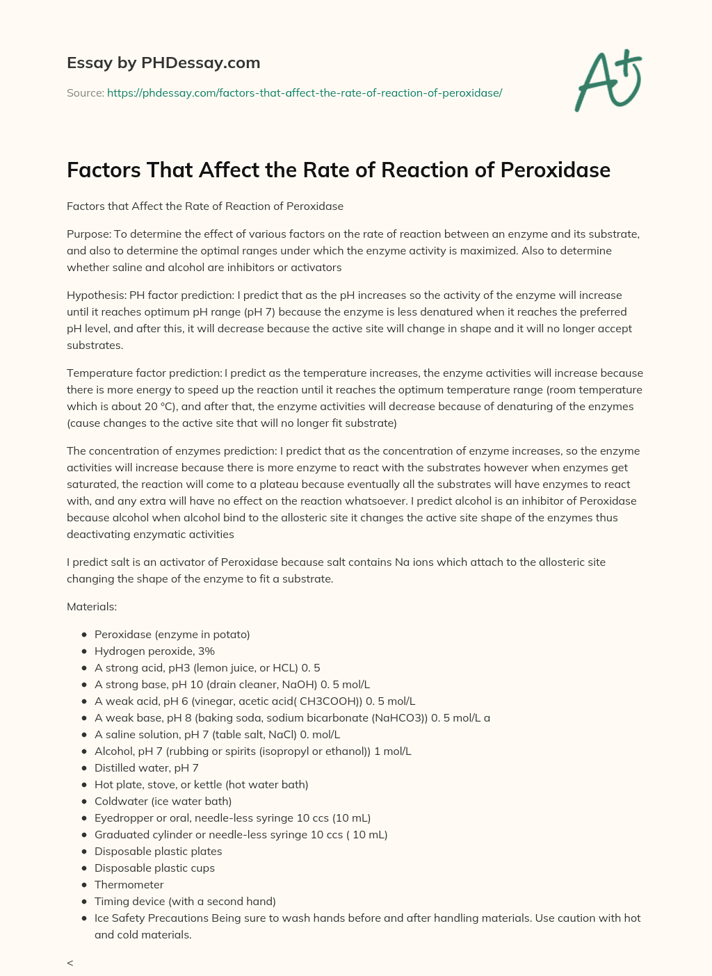 Factors That Affect the Rate of Reaction of Peroxidase essay