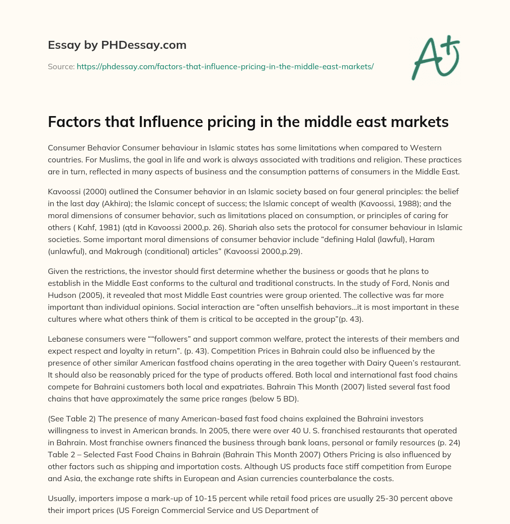 Factors that Influence pricing in the middle east markets essay