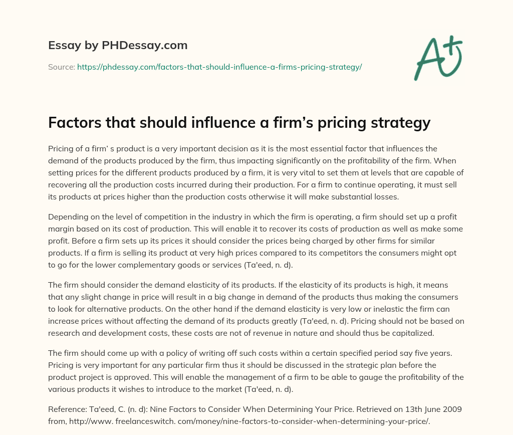 Factors that should influence a firm’s pricing strategy essay