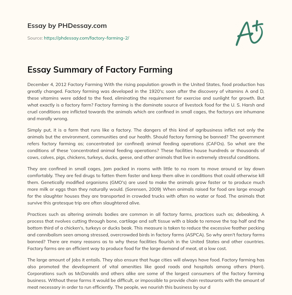 Essay Summary of Factory Farming essay