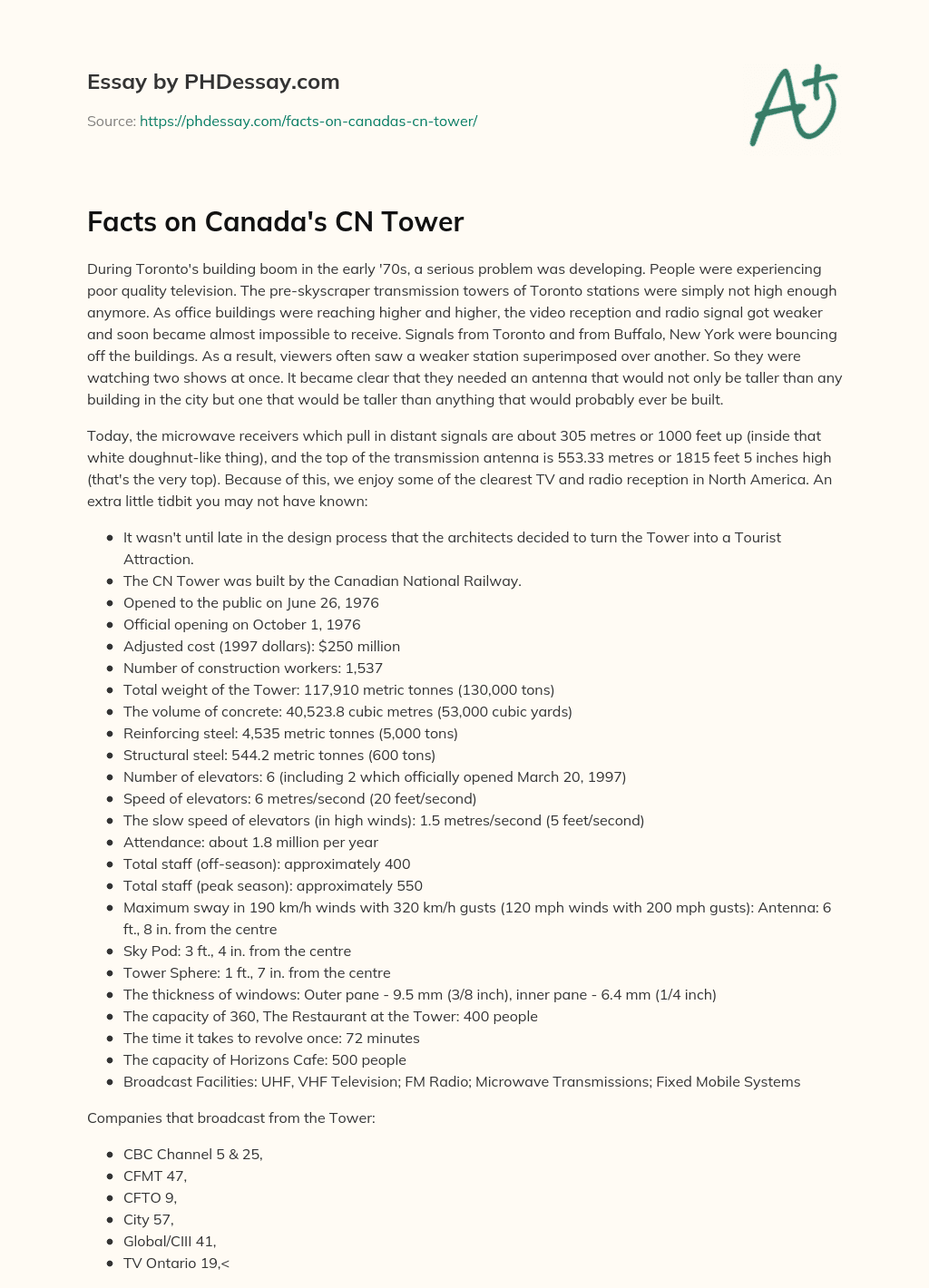 Facts on Canada’s CN Tower essay