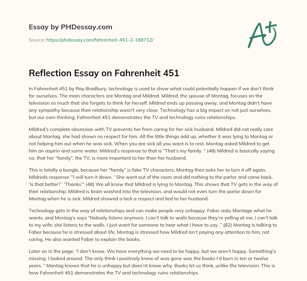 Reflection Essay on Fahrenheit 451 essay
