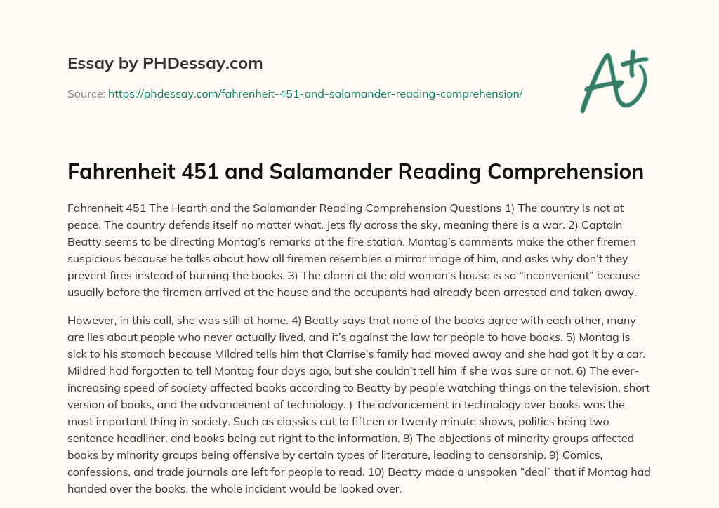 Fahrenheit 451 and Salamander Reading Comprehension essay
