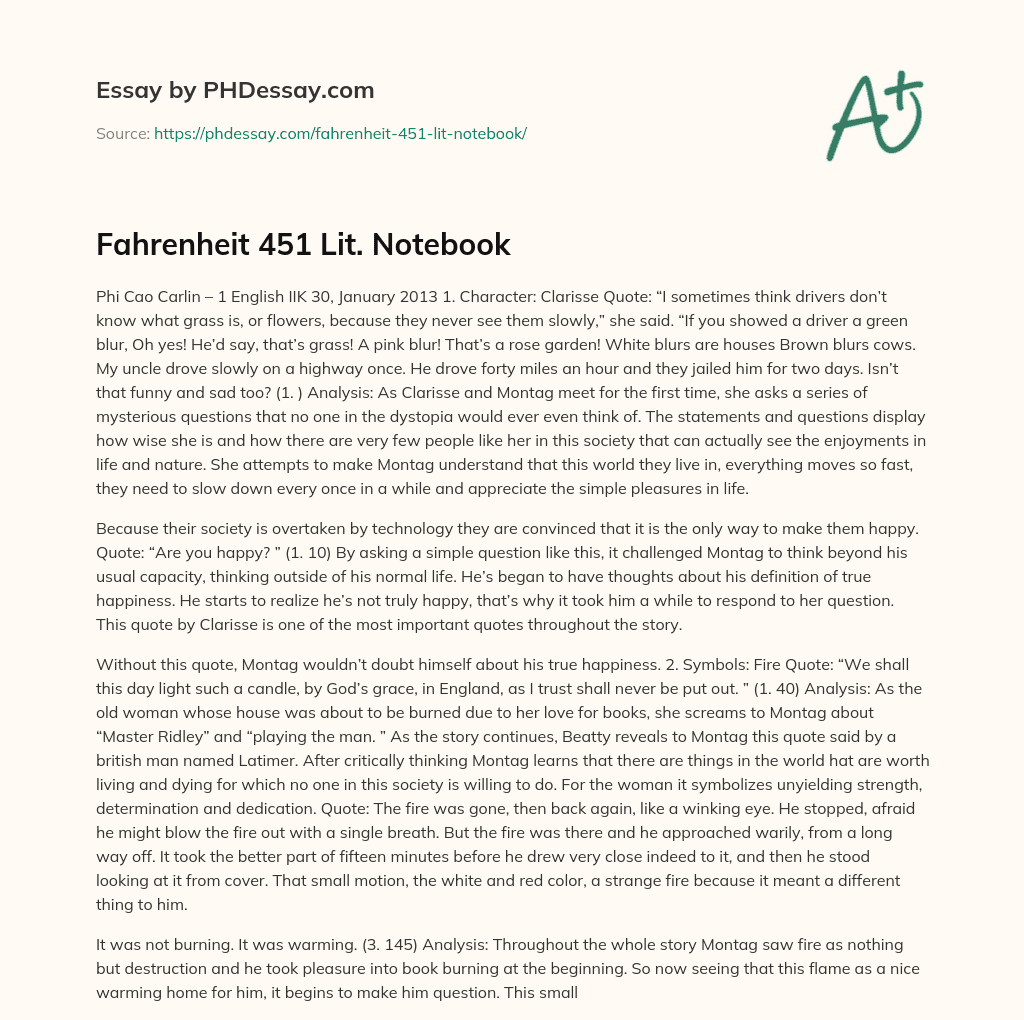 Fahrenheit 451 Lit. Notebook essay