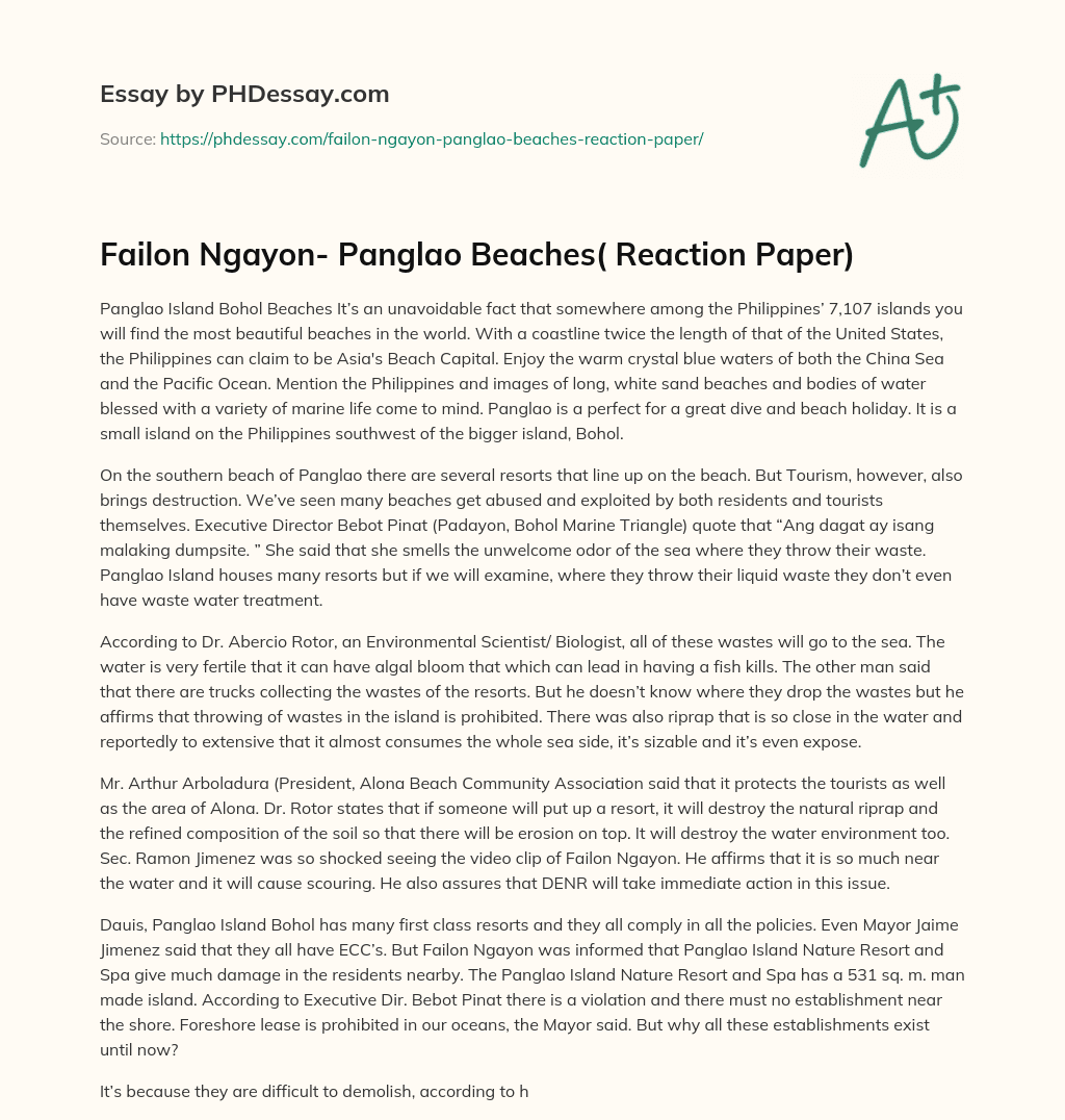 Failon Ngayon- Panglao Beaches( Reaction Paper) essay