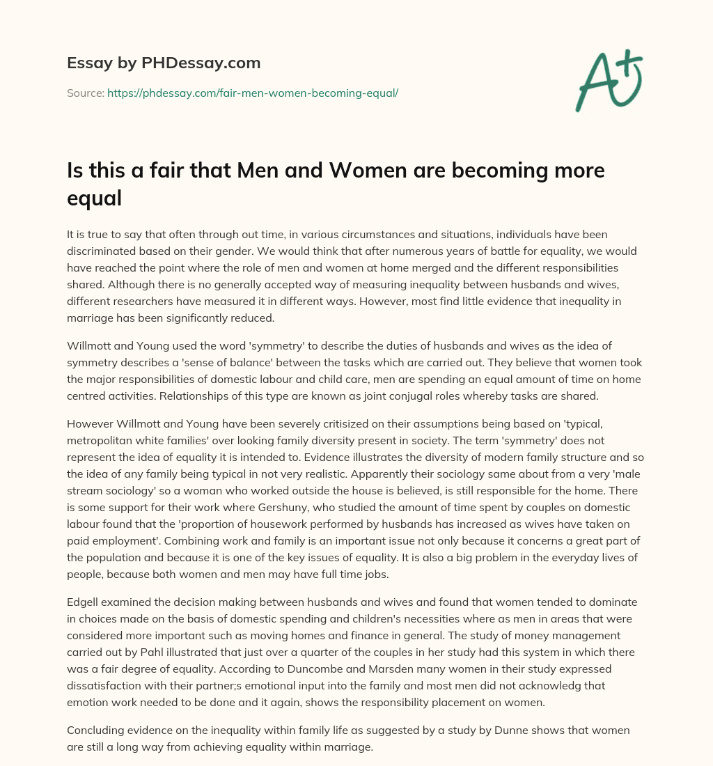 Is this a fair that Men and Women are becoming more equal essay