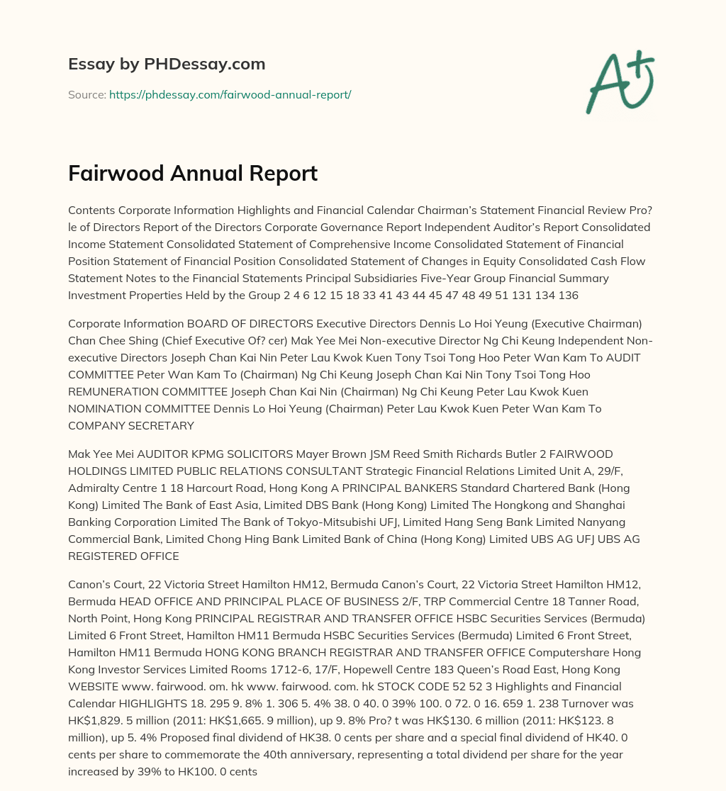 Fairwood Annual Report essay