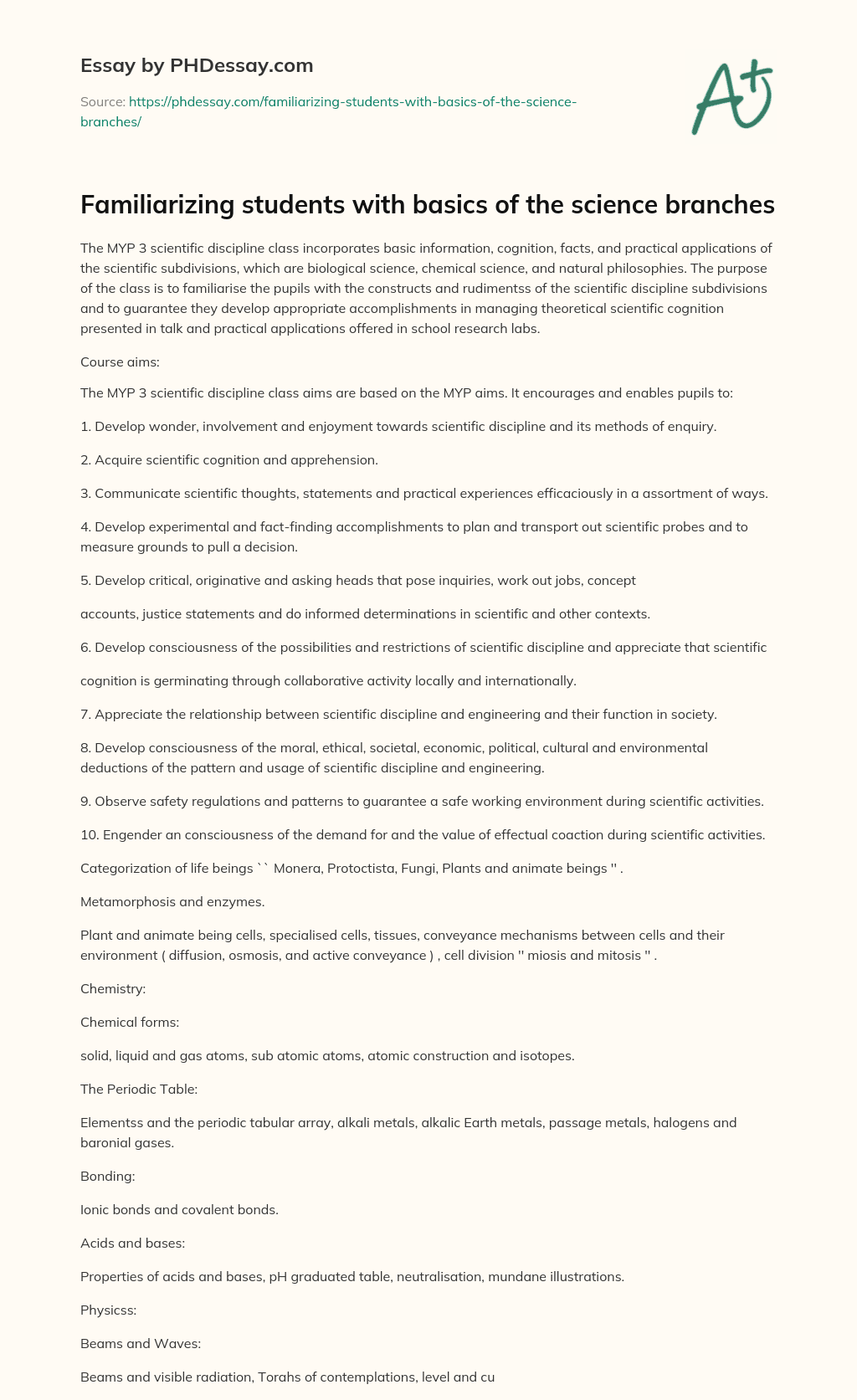 Familiarizing students with basics of the science branches essay