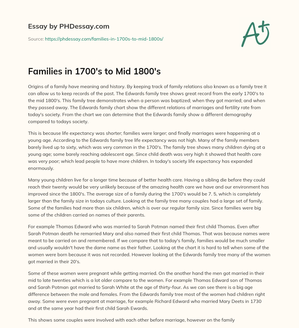 Families in 1700’s to Mid 1800’s essay
