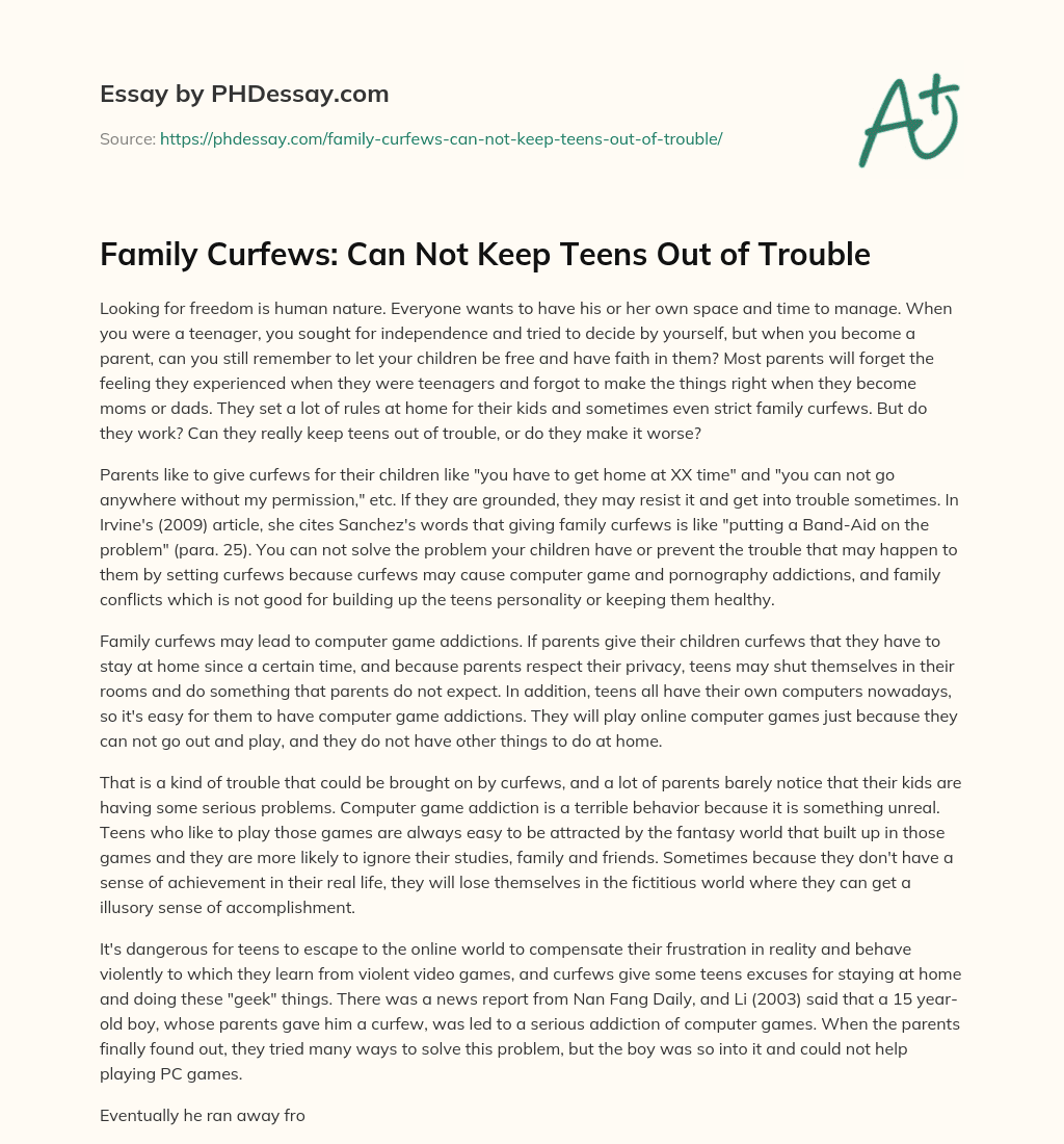 Family Curfews: Can Not Keep Teens Out of Trouble essay