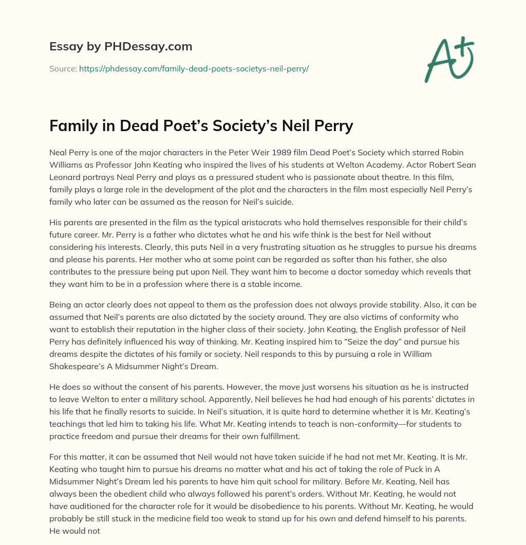 Family in Dead Poet’s Society’s Neil Perry essay