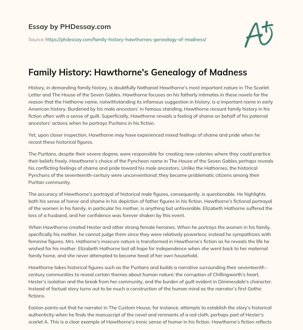 Family History: Hawthorne’s Genealogy of Madness essay