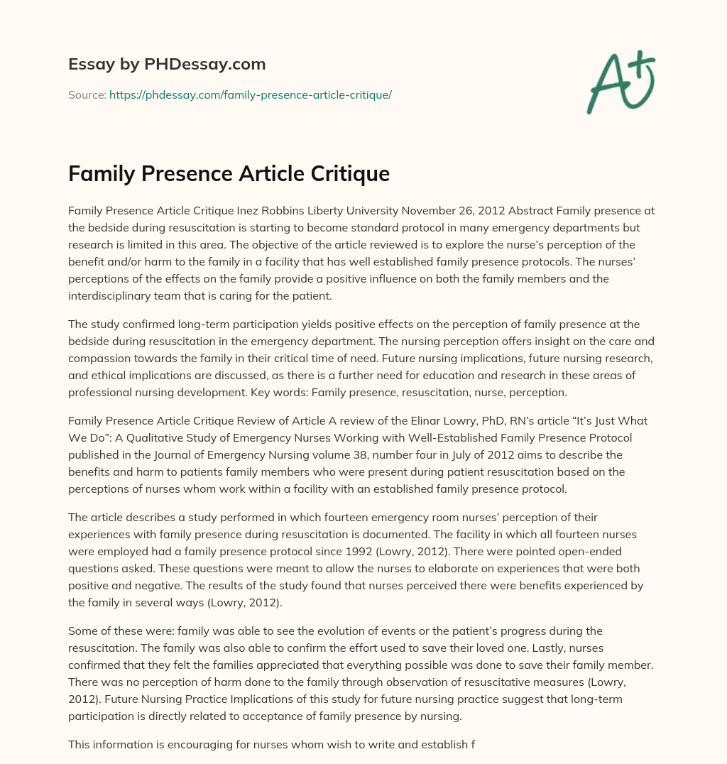 Family Presence Article Critique essay
