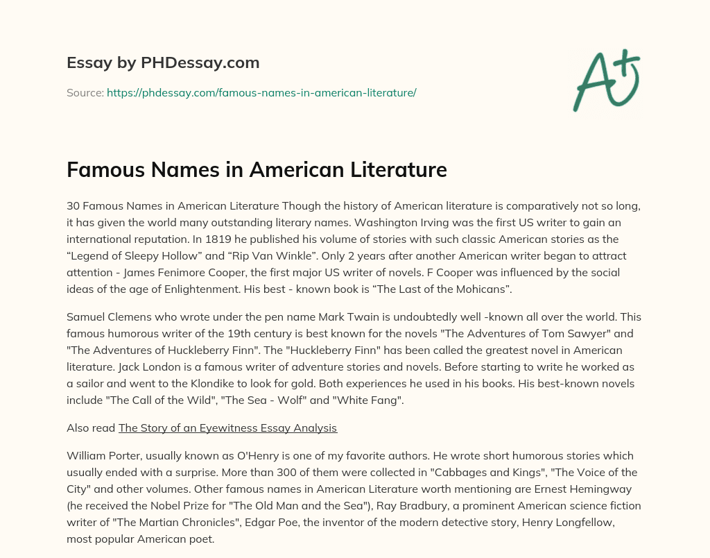 Famous Names in American Literature essay