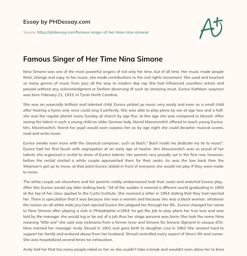 Famous Singer of Her Time Nina Simone essay