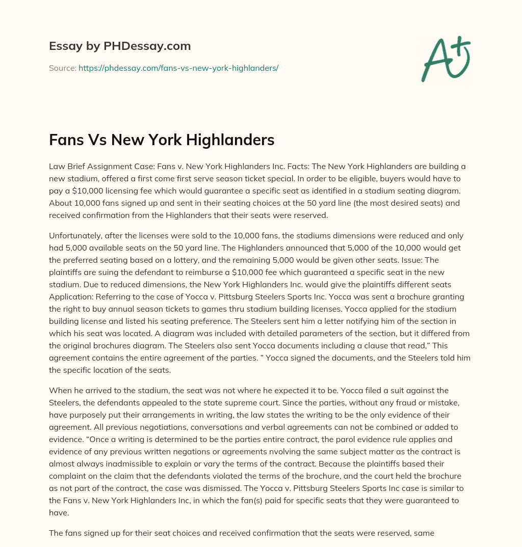 Fans Vs New York Highlanders essay