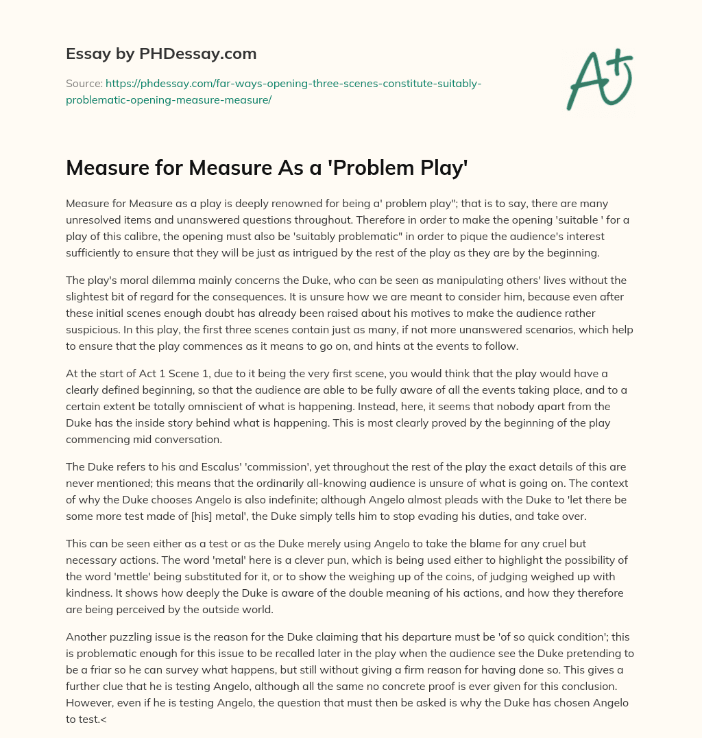 Measure for Measure As a ‘Problem Play’ essay