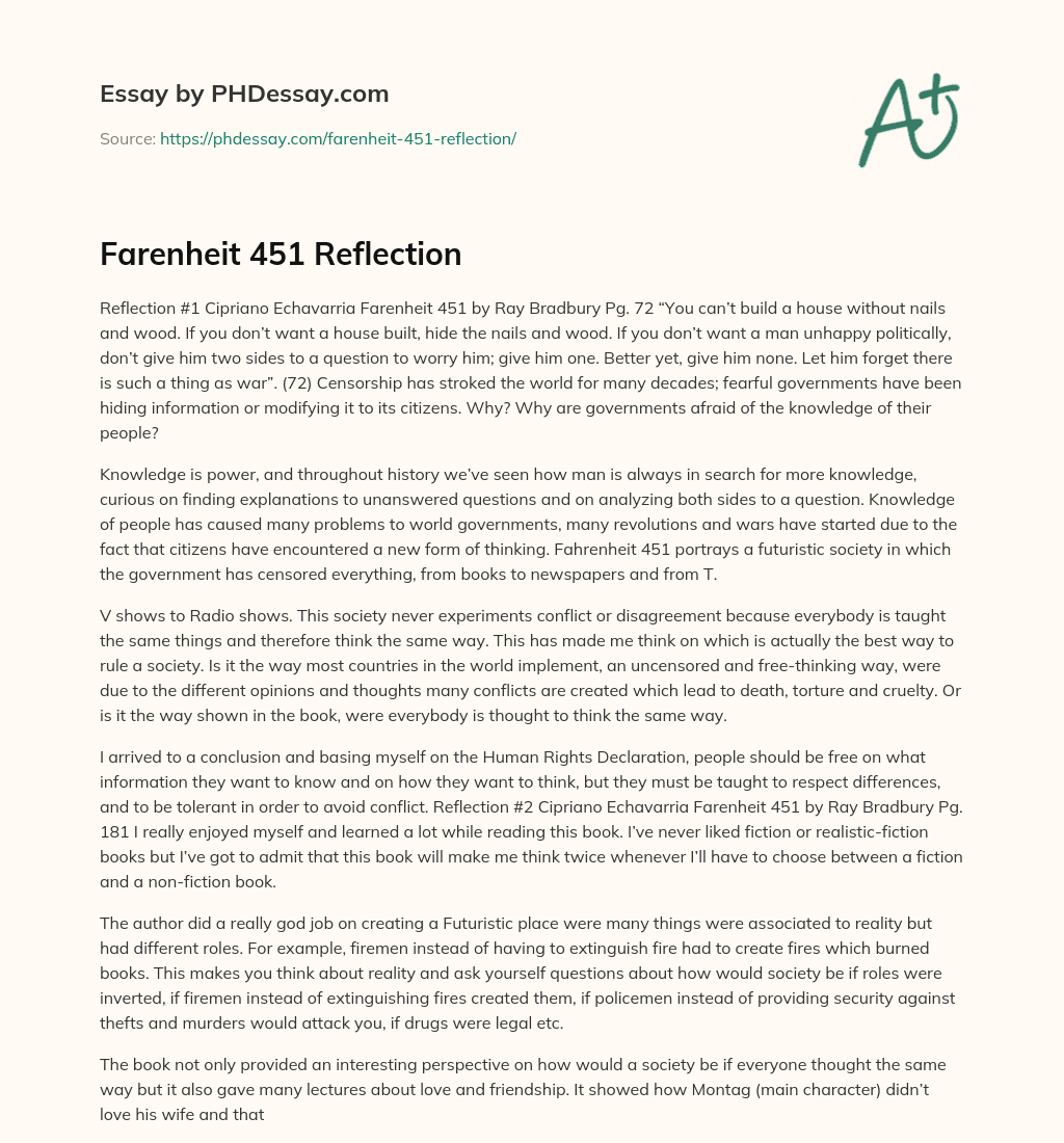 Farenheit 451 Reflection essay