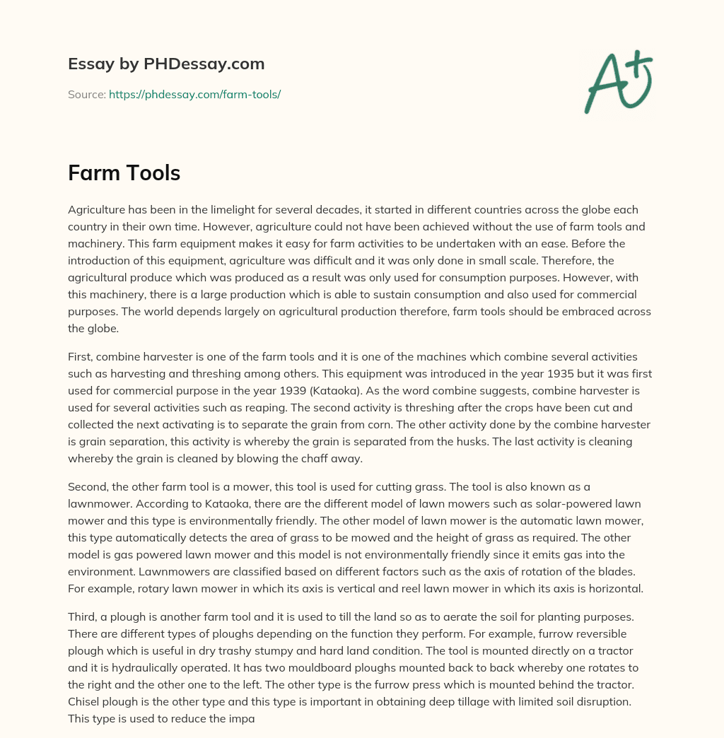 Importance of Farm Tools and Machinery in Agriculture essay