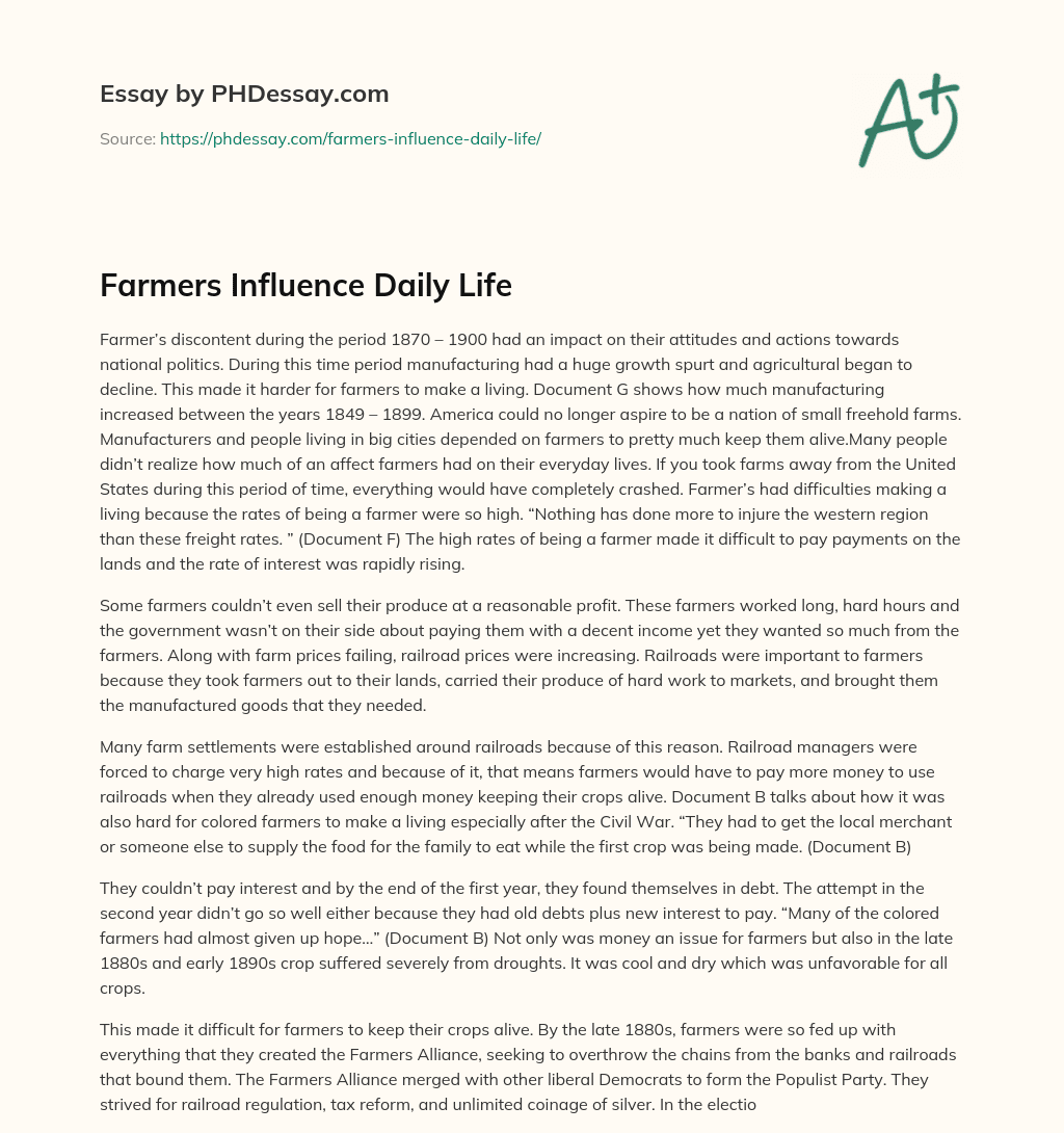 Farmers Influence Daily Life essay