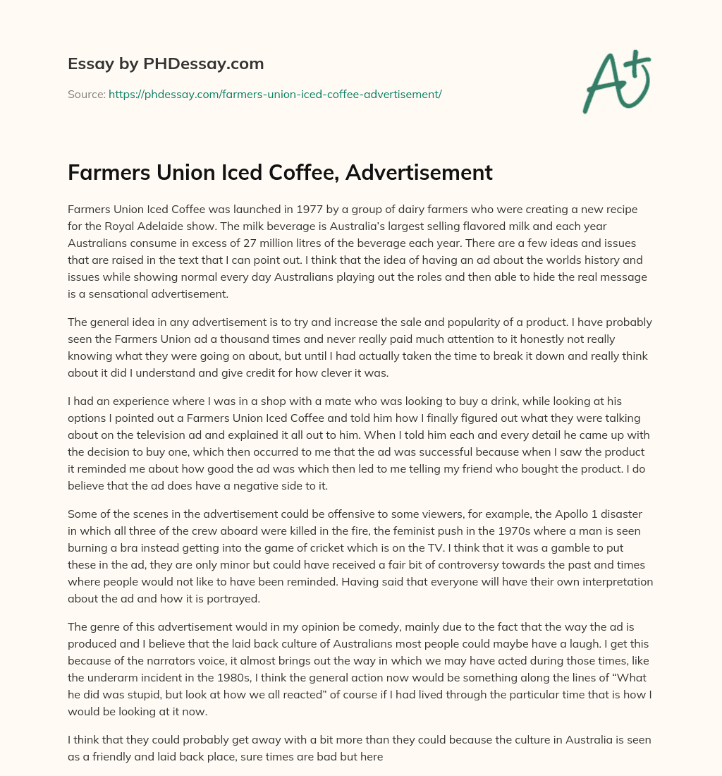 Farmers Union Iced Coffee, Advertisement essay