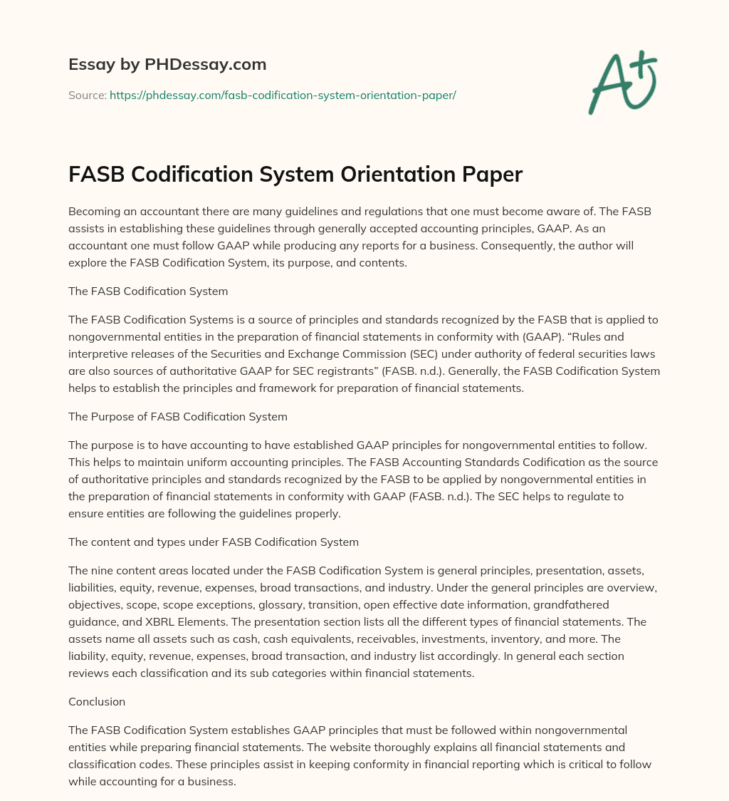FASB Codification System Orientation Paper essay