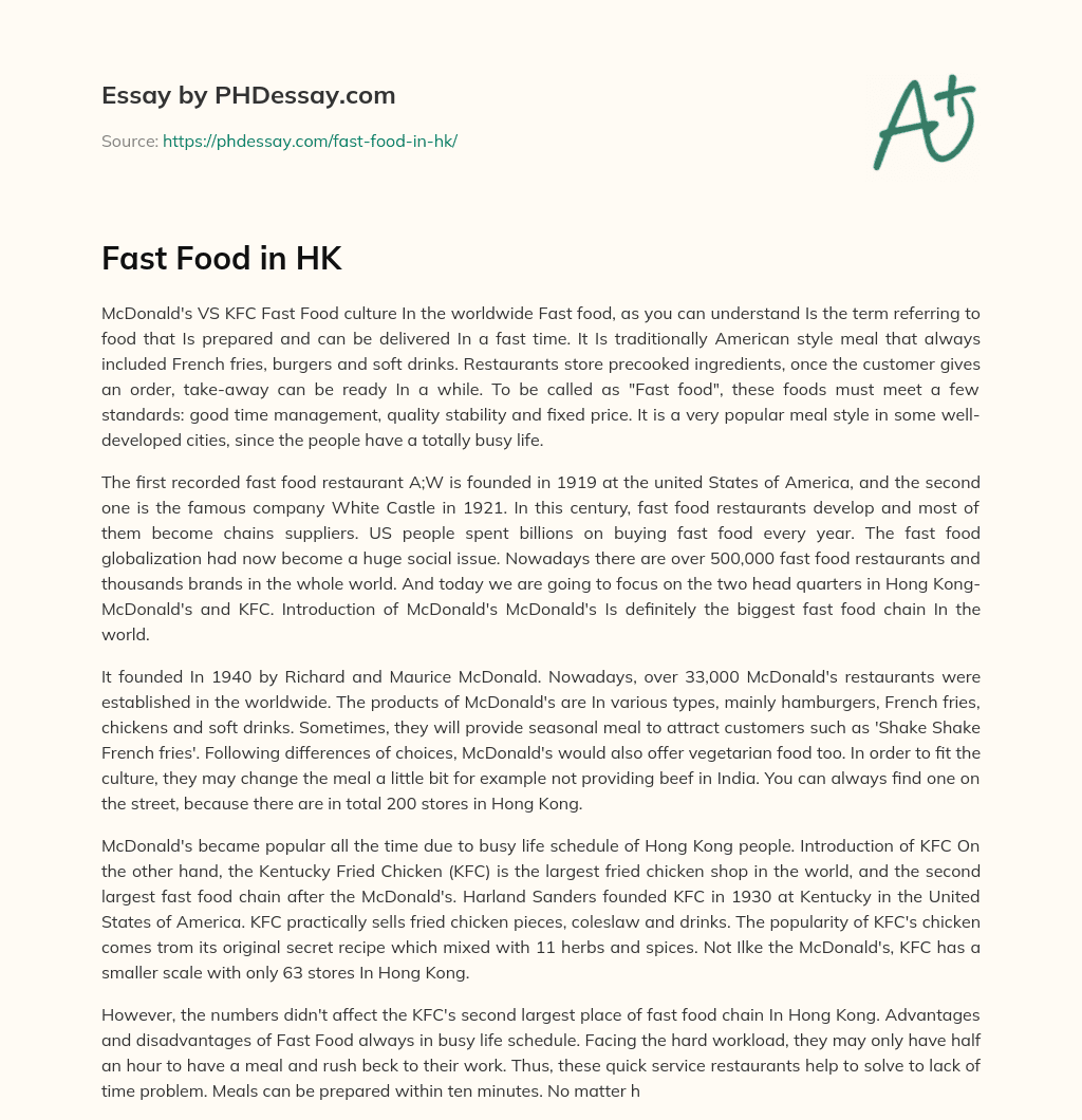 Fast Food in HK essay