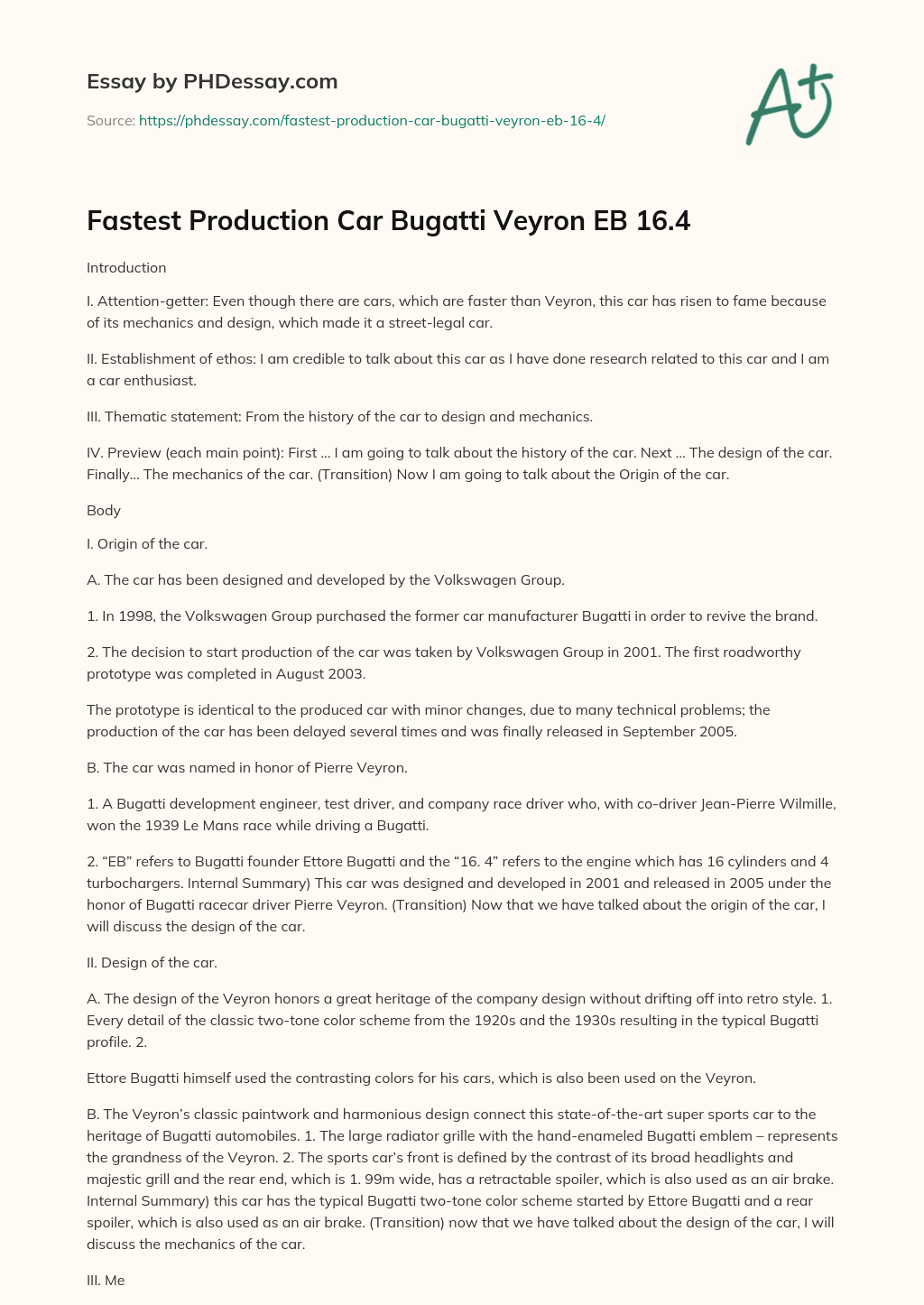 Fastest Production Car Bugatti Veyron EB 16.4 essay