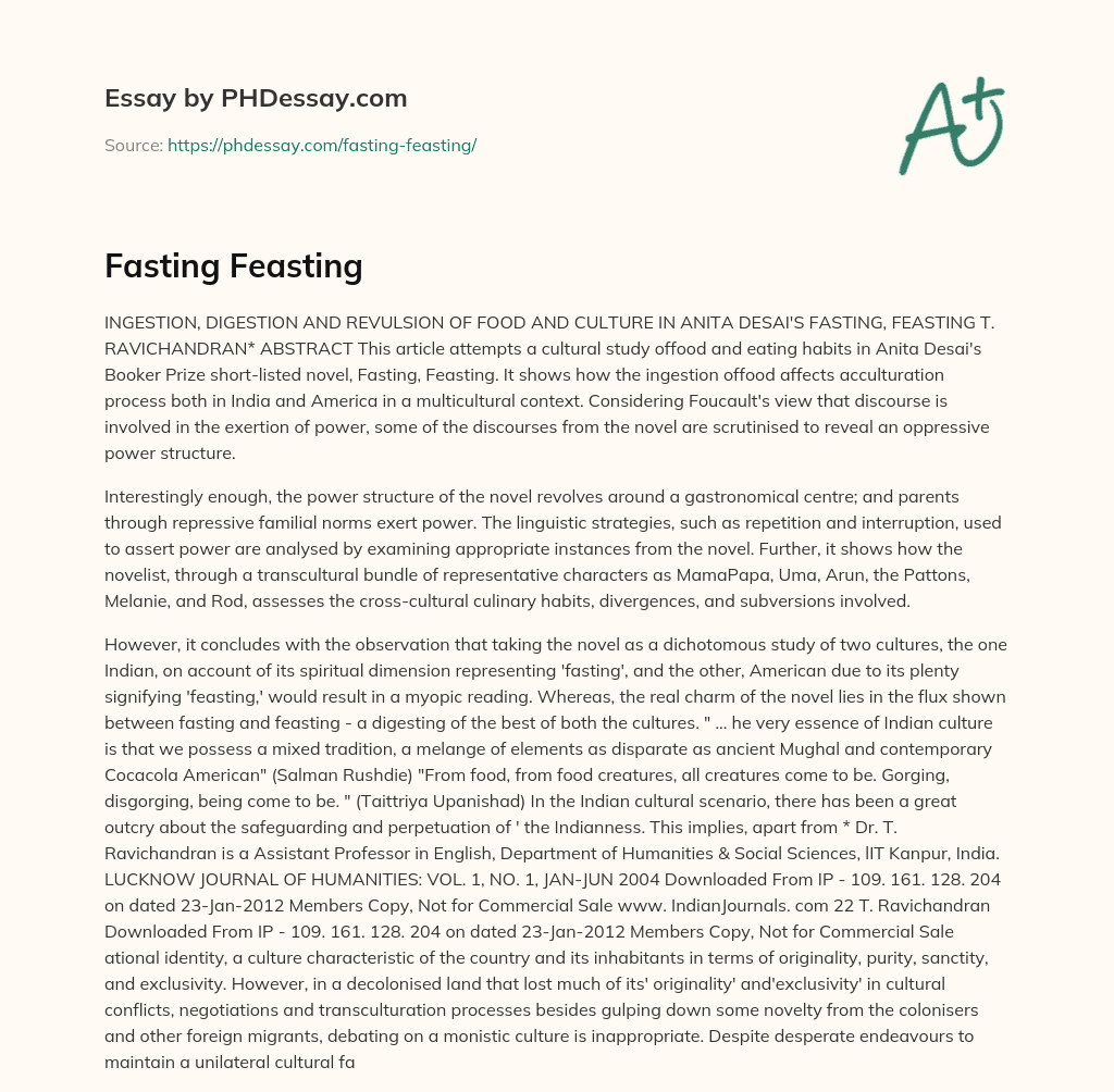 Fasting Feasting essay