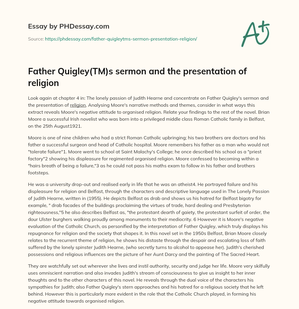 Father Quigley(TM)s sermon and the presentation of religion essay