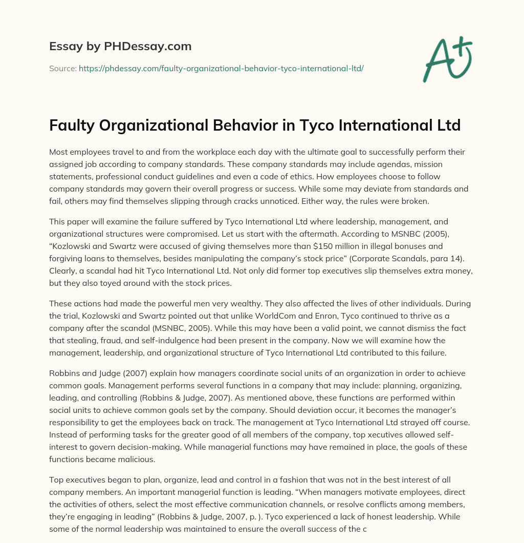 Faulty Organizational Behavior in Tyco International Ltd essay