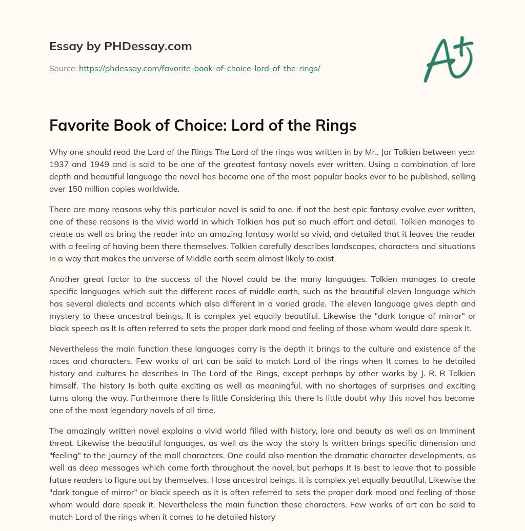 Favorite Book of Choice: Lord of the Rings essay