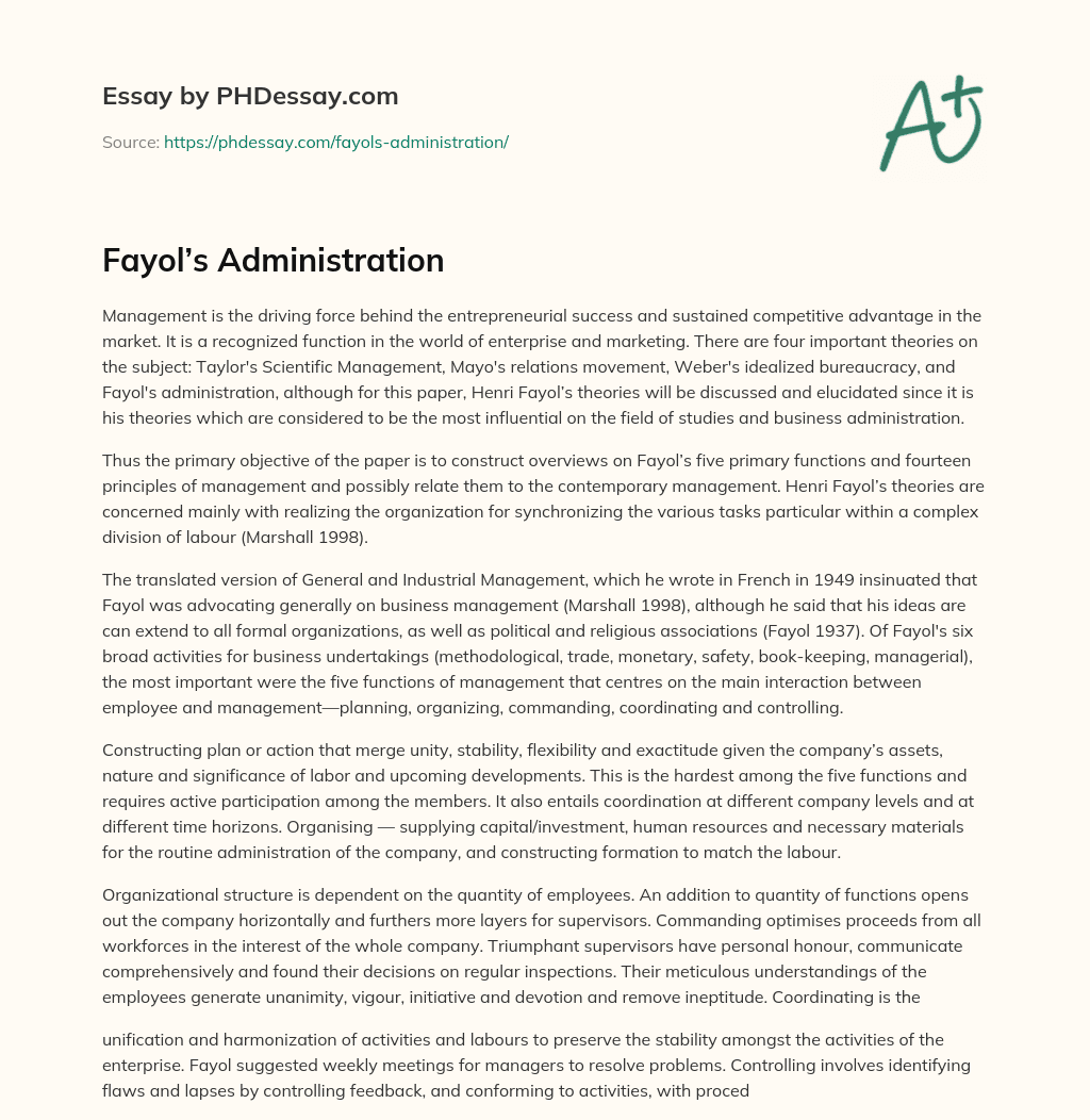 Fayol’s Administration essay